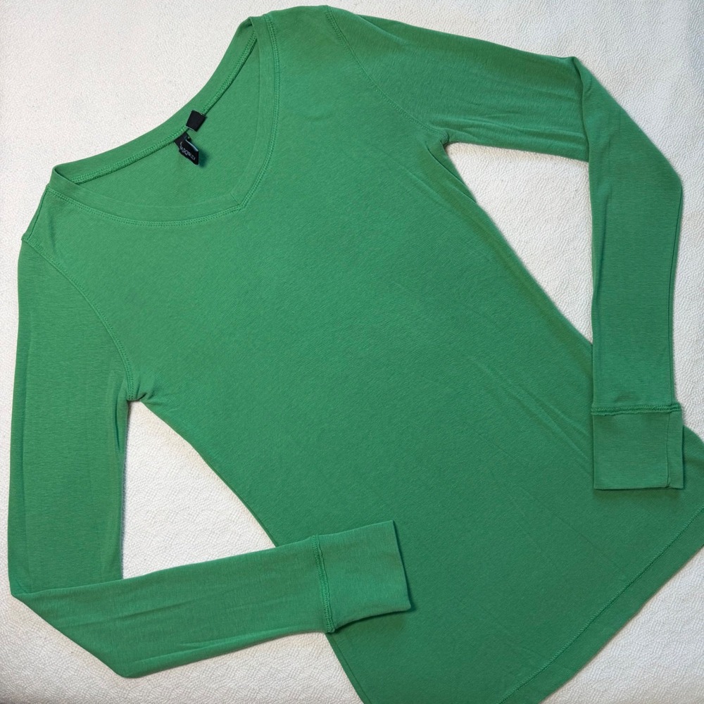 Cynthia Rowley Green V-Neck Long Sleeve Top Boho Fairy Ribbed Cuff Size M